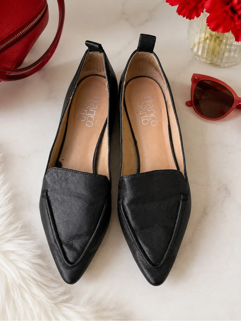 Franco Sarto Black Pointed Leather Flats GUC size 7-1/2